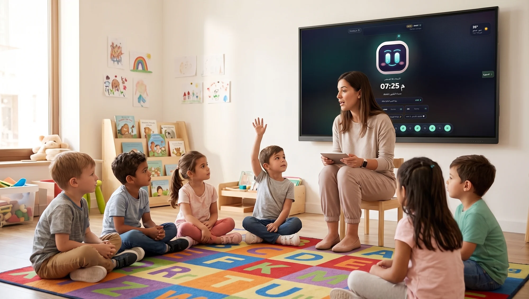 A teacher leading circle time while RIKI runs on the classroom wall display