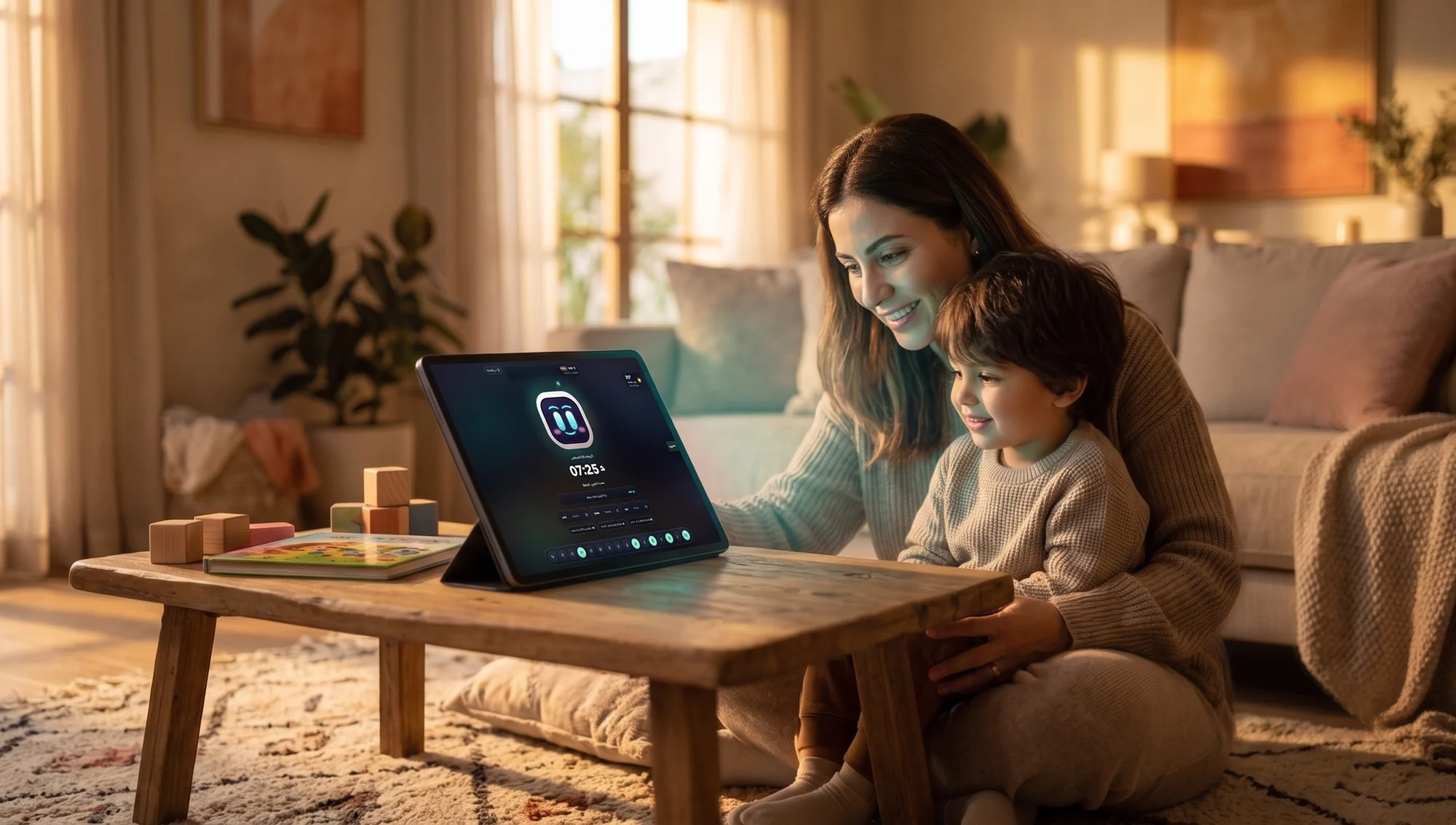 A mother and her young child at home, looking together at a tablet showing the RIKI app