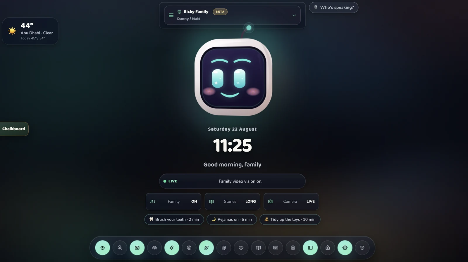 RIKI's real interface in English: Ricky at the centre, clock, weather, family chalkboard and kids' routines