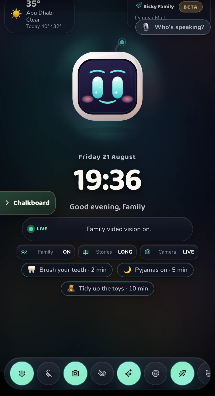 The real RIKI app in English on a smartphone: weather, clock, chalkboard and bedtime routines