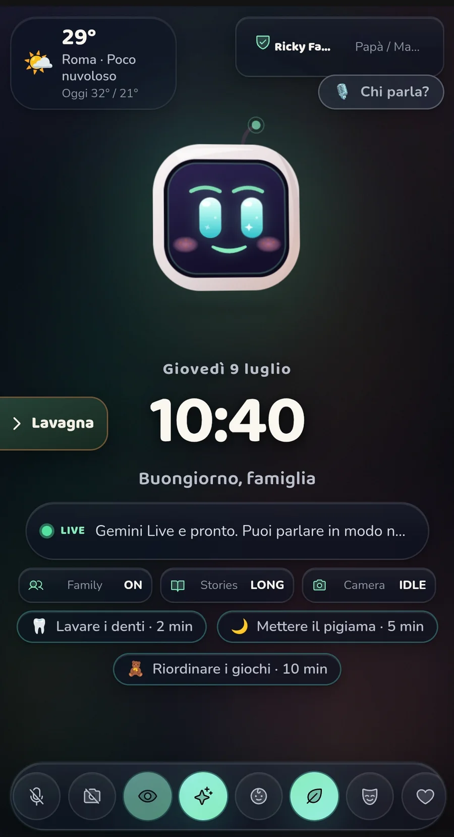 L'app RIKI vera su smartphone: meteo, orologio, lavagna e routine